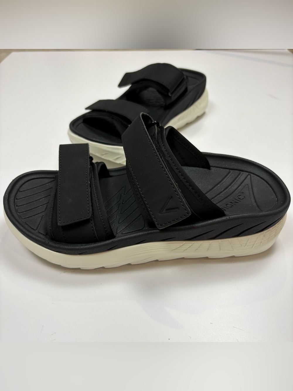 Vionic Black and Cream Dual-Strap Slide Sandals